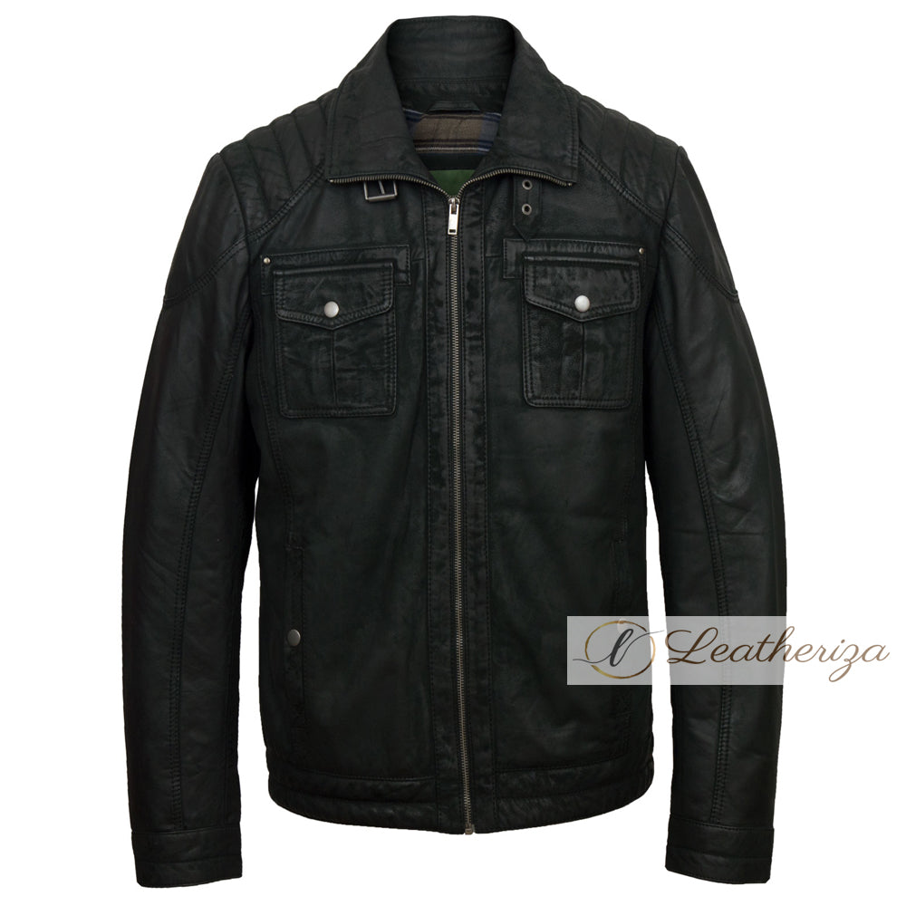 Classic Onyx Black Leather Jacket For Men