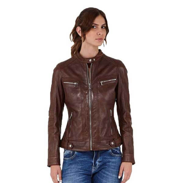 Chocolate Brown Women?s Leather Biker Genuine Sheepskin Jacket for Women