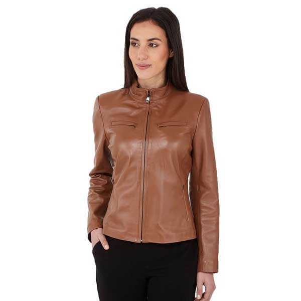 Tawny Brown Women?s Leather Biker Genuine Sheepskin Jacket for Women