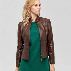 Chocolate Brown Women?s Leather Biker Genuine Sheepskin Jacket for Women