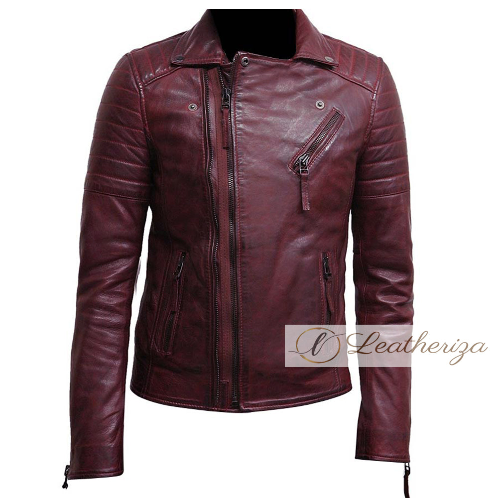 Zipper Biker Red Burgundy Leather Jacket For Men