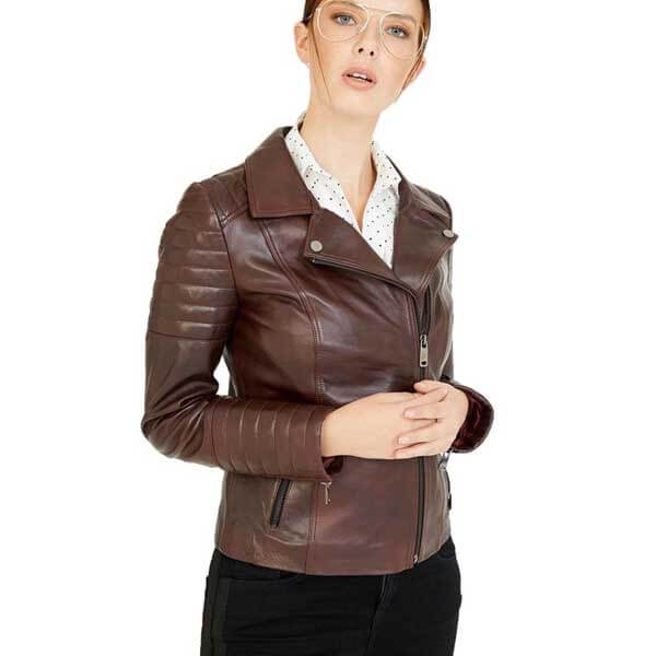 Dark Brown Women?s Leather Biker Genuine Sheepskin Jacket for Women