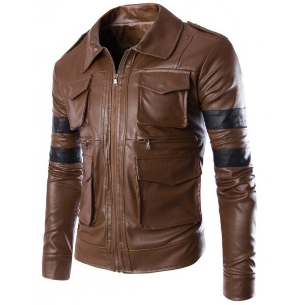 Men's Brown Designer Vintage Leather Jacket with Black Strips