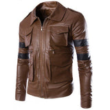 Men's Brown Designer Vintage Leather Jacket with Black Strips