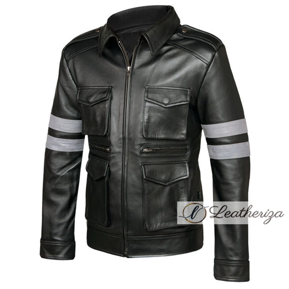 Men's Voguish Black Coat Style Leather Jacket with 4 Pockets