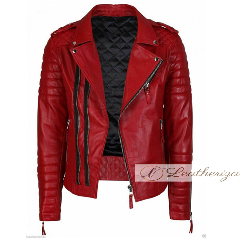 Men's Basic Red Leather Jacket with Black strips