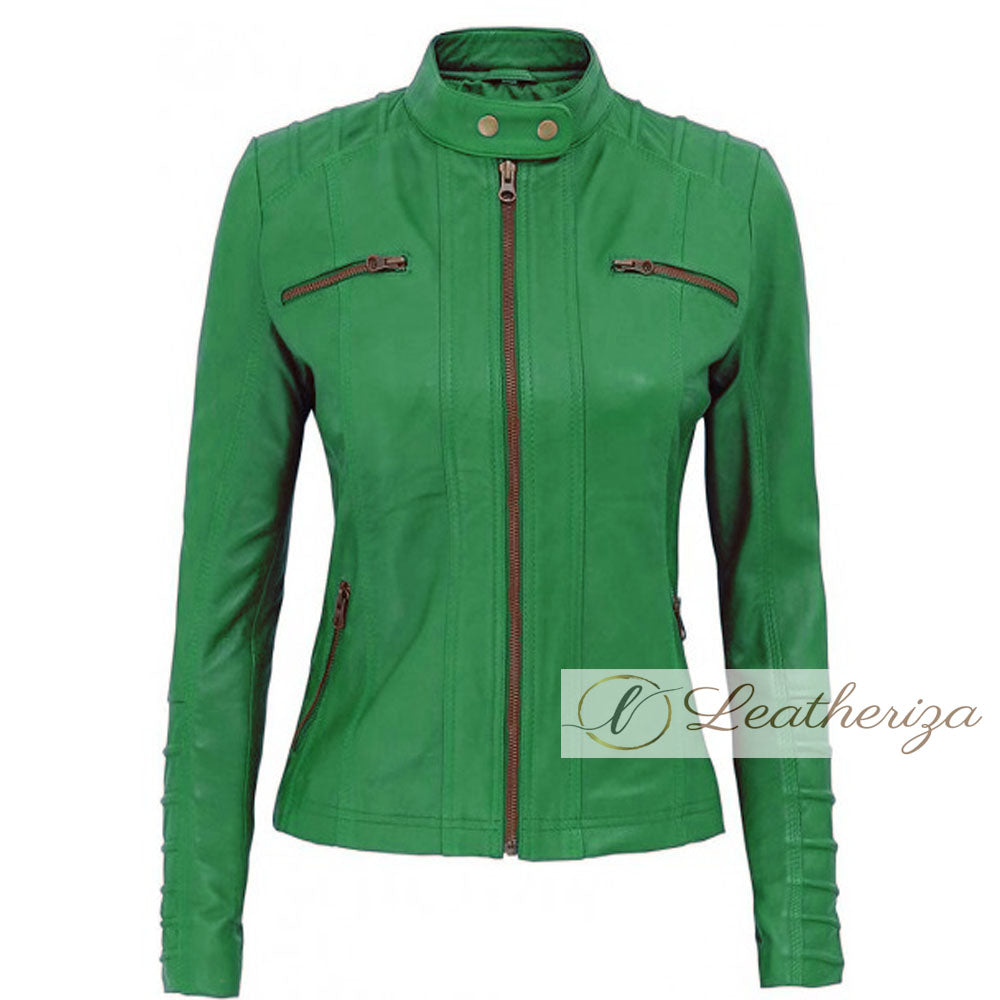 Parakeet Green Elegant Leather Jacket For Women