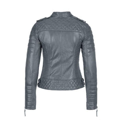 Women Leather Jacket Motorcycle Biker Genuine Sheepskin Leather Jacket for Women Grey