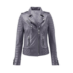 Women Stylish Motorcycle Biker Genuine Sheepskin Leather Jacket for Women Grey
