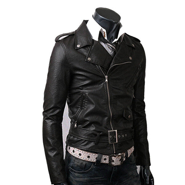 Men Black Belted Leather Jacket