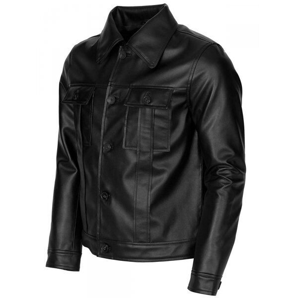 Men Black Biker Leather Jacket with Buttons Style