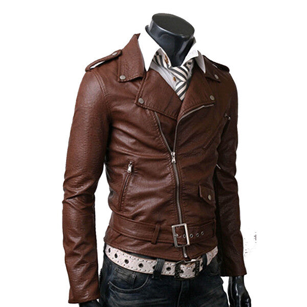 Men Brown Belted Leather Jacket