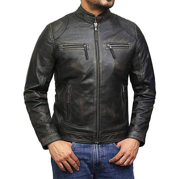 Men Plain Black Vintage Leather Jacket