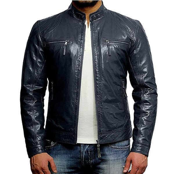 Men Plain Blue Vintage Leather Jacket