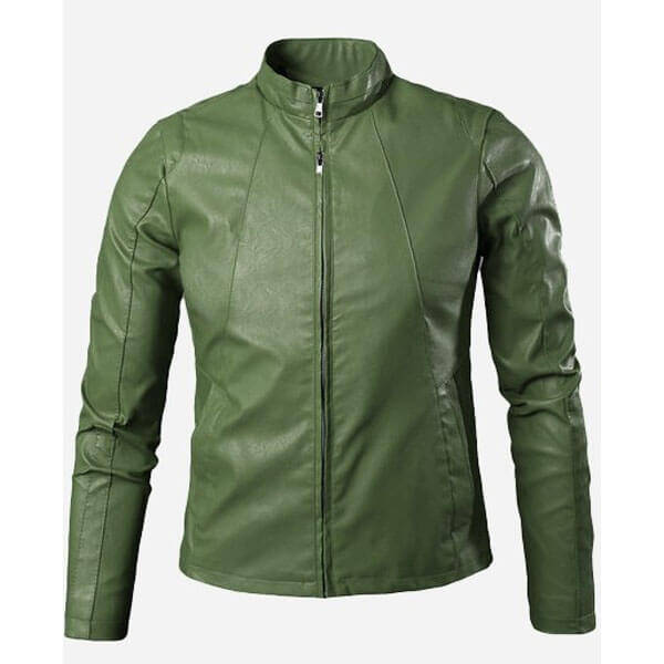 Olive Green Men Leather Jacket