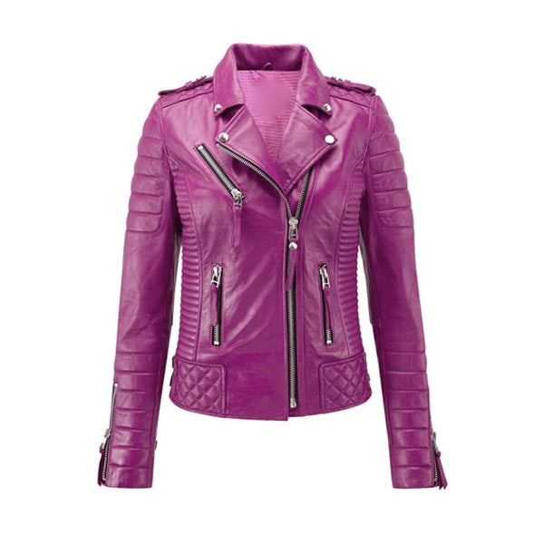 Women Stylish Motorcycle Biker Genuine Sheepskin Leather Jacket for Women Dark Pink