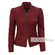 Classical Vintage Dark Red Women's Leather Jacket