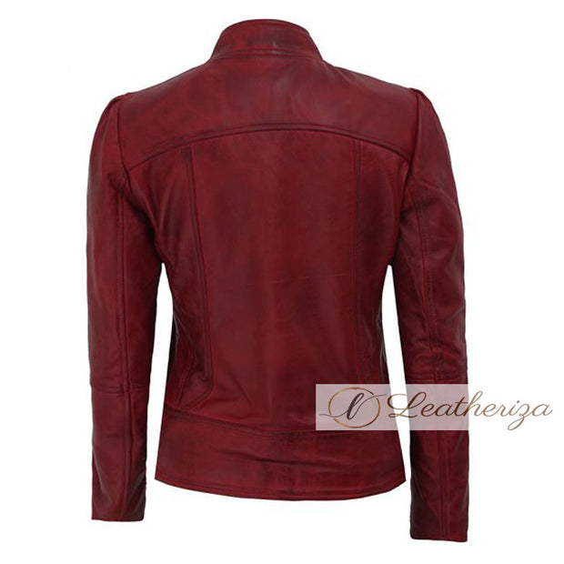 Classical Vintage Dark Red Women's Leather Jacket