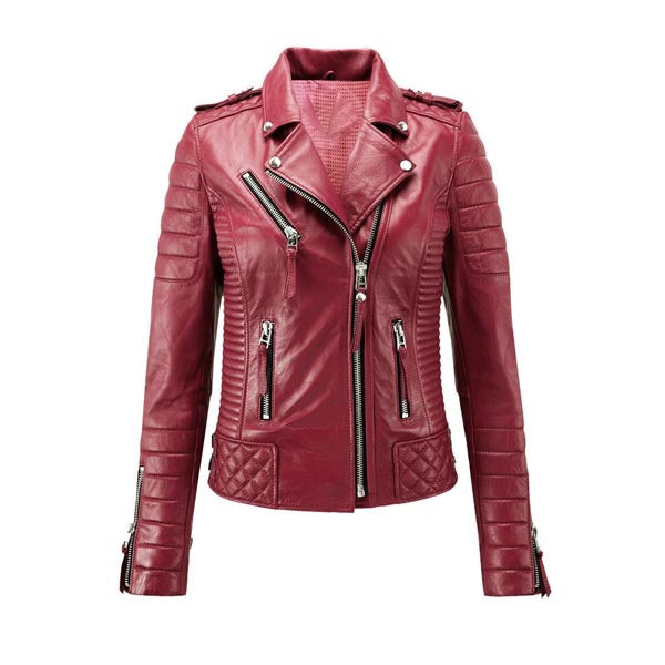 Women Stylish Motorcycle Biker Genuine Sheepskin Leather Jacket for Women Dark Red