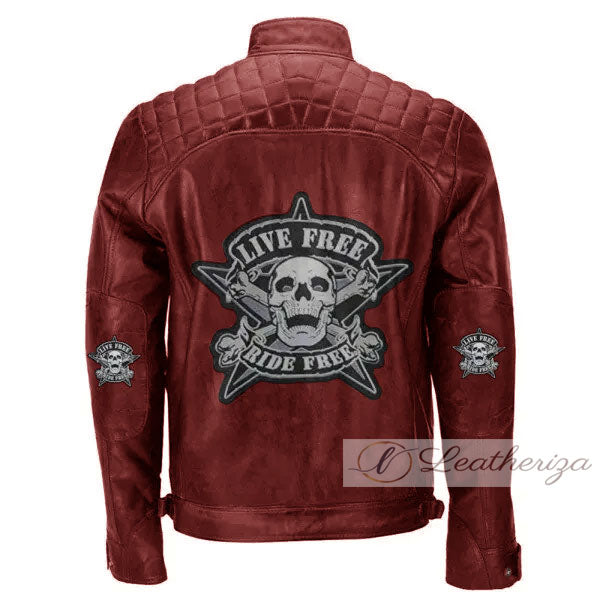 Ride Free Skull Red Leather Jacket For Men