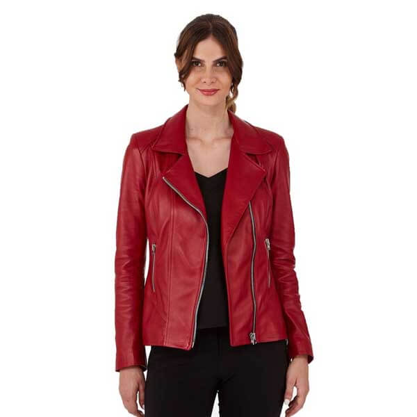 Cherry Red Women?s Leather Biker Genuine Sheepskin Jacket for Women
