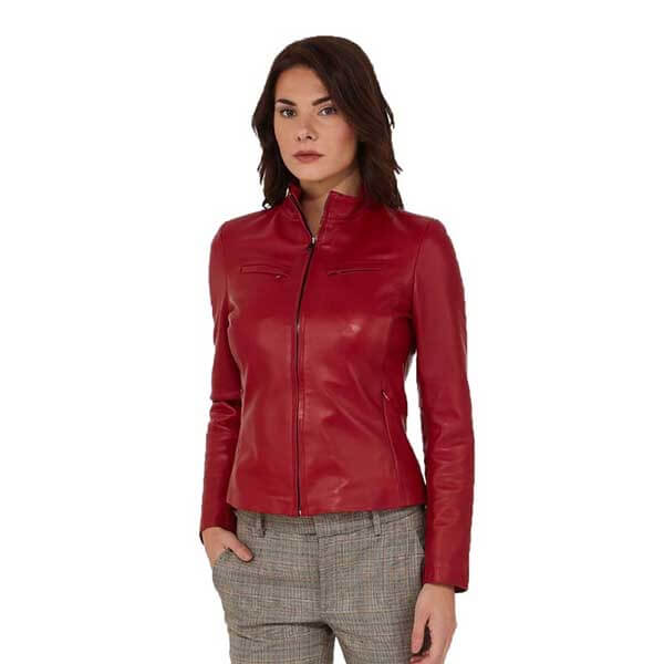 Red Women?s Leather Biker Genuine Sheepskin Jacket for Women