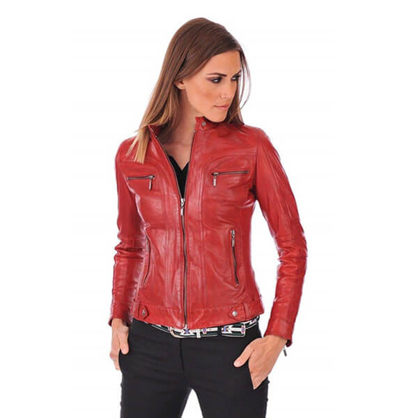 Slim Fit Women Red Leather Jacket