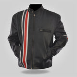 Strip Color - Men's Black Leather Jacket