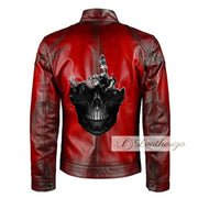Classic Skull Red Biker Men's Leather Jacket