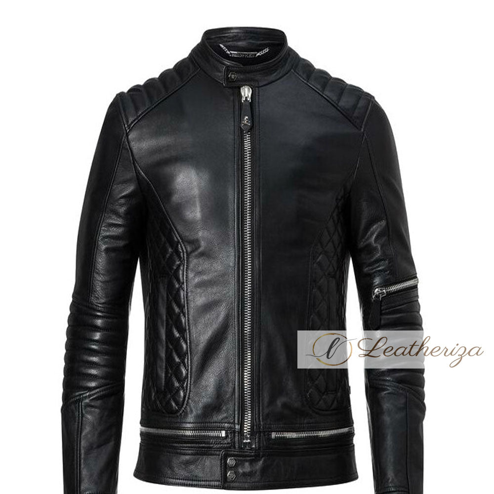 Voguish Bone & Skull Black Leather Jacket For Men