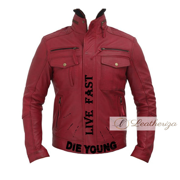 Live Fast Die Hard Red Leather Jacket For Men