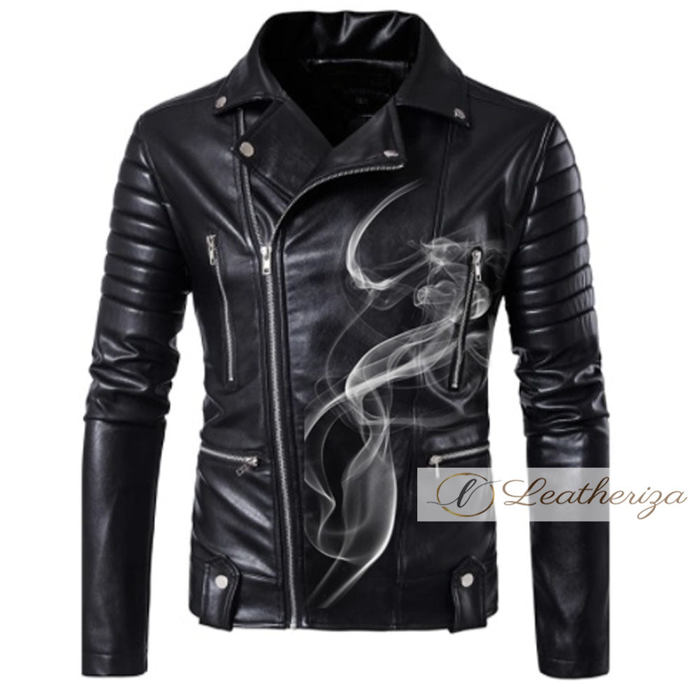 Stylish Smoking Skull Black Biker Leather Jacket For Men