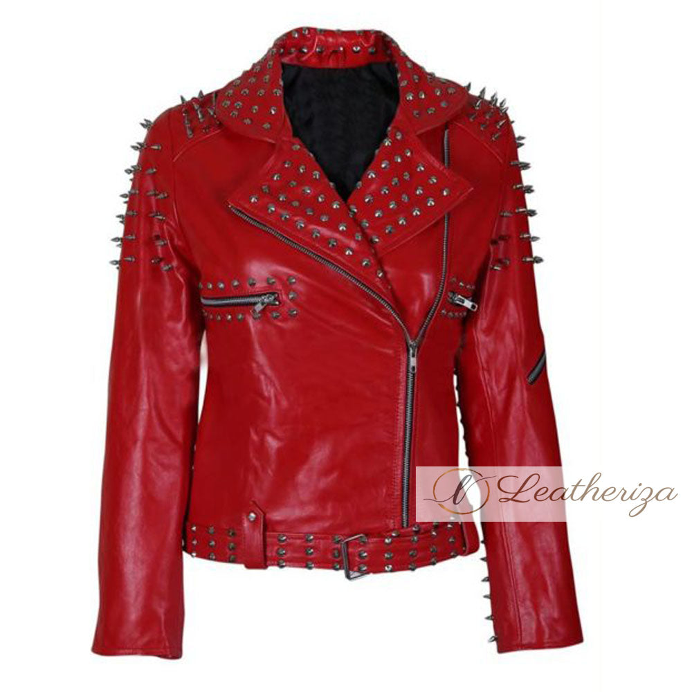 Crimson Red Studded & Spikes Leather Jacket For Women