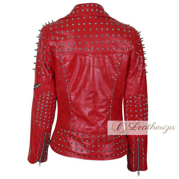 Crimson Red Studded & Spikes Leather Jacket For Women