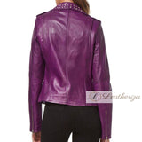 Purple Burgundy Studded Leather Jacket For Women