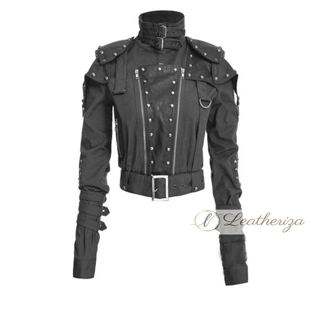 Short Body Studded Black Biker Leather Jacket For Women