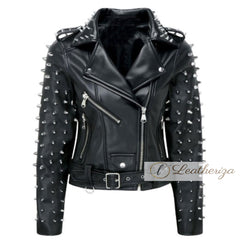 Voguish Studded Women's Black Biker Leather Jacket