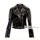 Soot Black Studded Biker Leather Jacket For Women