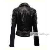 Soot Black Studded Biker Leather Jacket For Women