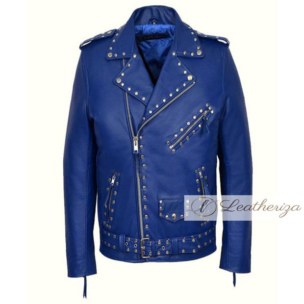 Blue Studded Women's Leather Jacket