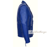 Blue Studded Women's Leather Jacket