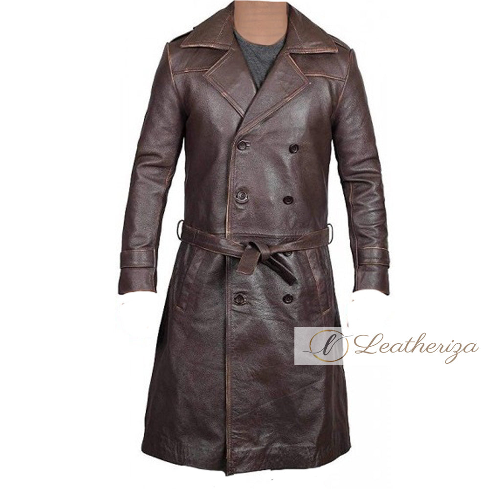 Brunette Brown Leather Trench Coat For Men