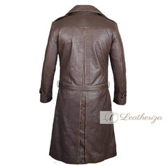 Brunette Brown Leather Trench Coat For Men