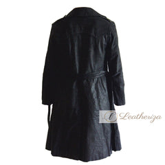 Stylish Grease Black Leather Trench Coat For Men