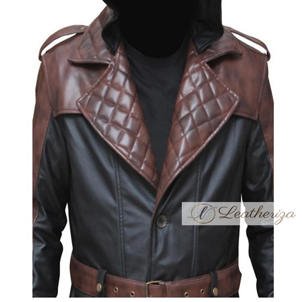 Stylish Black Leather Trench Coat For Men with Brown Combination