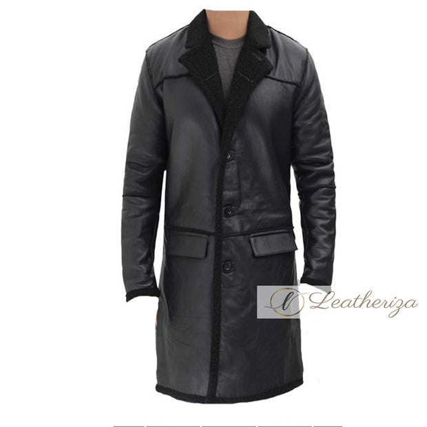 Voguish Black Shearling Leather Trench Coat For Men