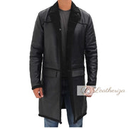 Voguish Black Shearling Leather Trench Coat For Men