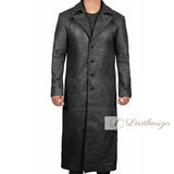 Elegant Long Black Leather Trench Coat For Men