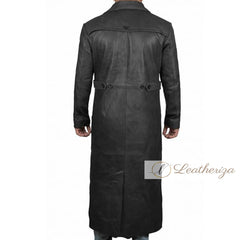 Elegant Long Black Leather Trench Coat For Men
