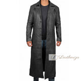 Elegant Long Black Leather Trench Coat For Men